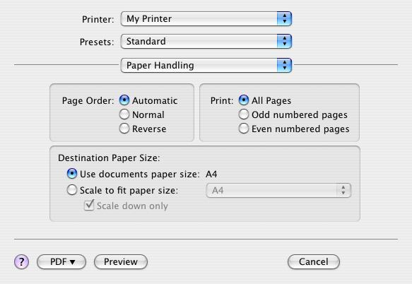 Obchodzenie się z papierem (Paper Handling) Kolejność stron (Page order) Wybór między wydrukowaniem dokumentu w standardowej (1,2,3 ) lub odwrotnej ( 3,2,1) kolejności stron.