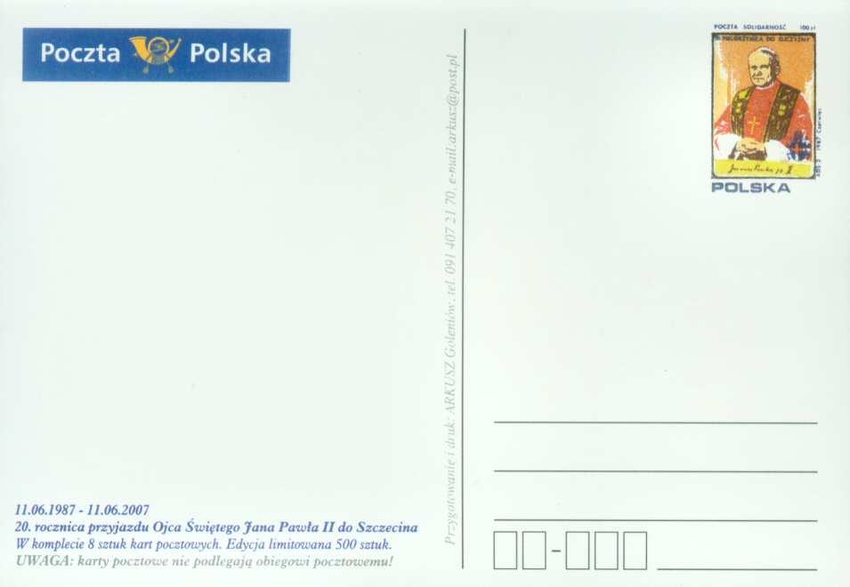 Uwaga: karty pocztowe nie podlegają obiegowi pocztowemu! Przygotowanie i druk: ARKUSZ Goleniów. tel.