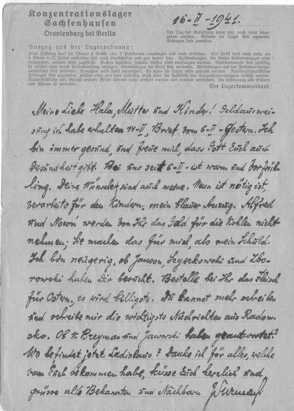 Alicja Surmacka Władysław? Dziękuję za wszystko, co od was dostałem, całuje was serdecznie i pozdrów wszystkich znajomych i sąsiadów. J. Surmacki 16 III 1941 Kochana Hala, matko i dzieci!