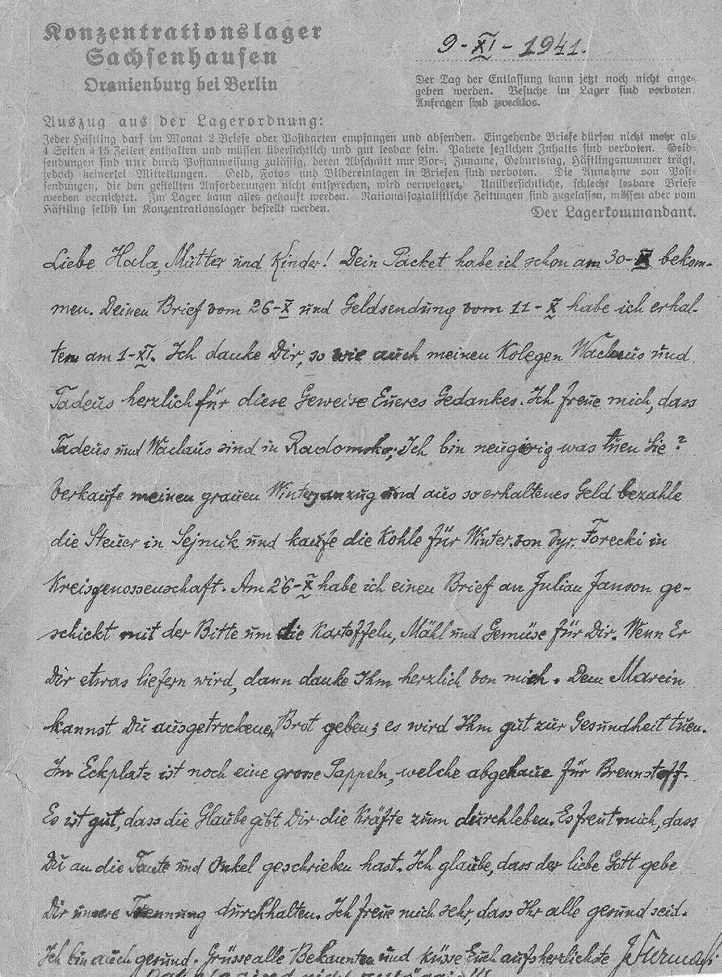 Juliusz Surmacki (1892 1942). Listy z obozu w Oranienburgu 9 XI 1941 Moja kochana Hala, matko i dzieci! Twoją paczkę otrzymałem już 30 X. Twój list z 26 X i przesyłkę pieniężna z 11 X otrzymałem 1 XI.