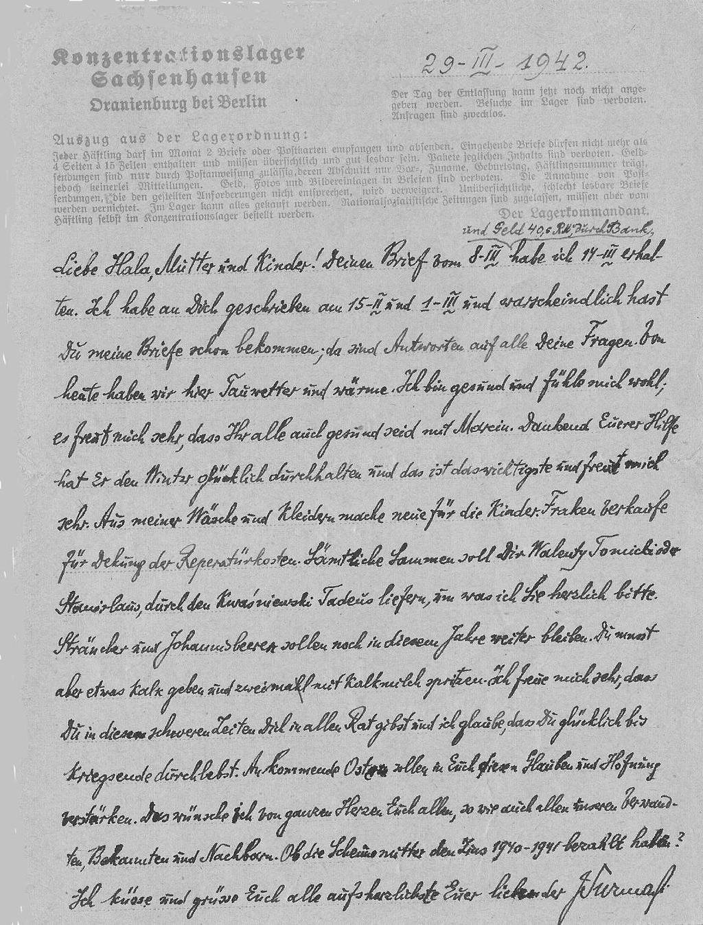 Juliusz Surmacki (1892 1942). Listy z obozu w Oranienburgu 29 III 1942 Kochana Hala, matko i dzieci! Twój list z 8 III i przesyłkę pieniężna 40 marek przez bank dostałem 14 III.