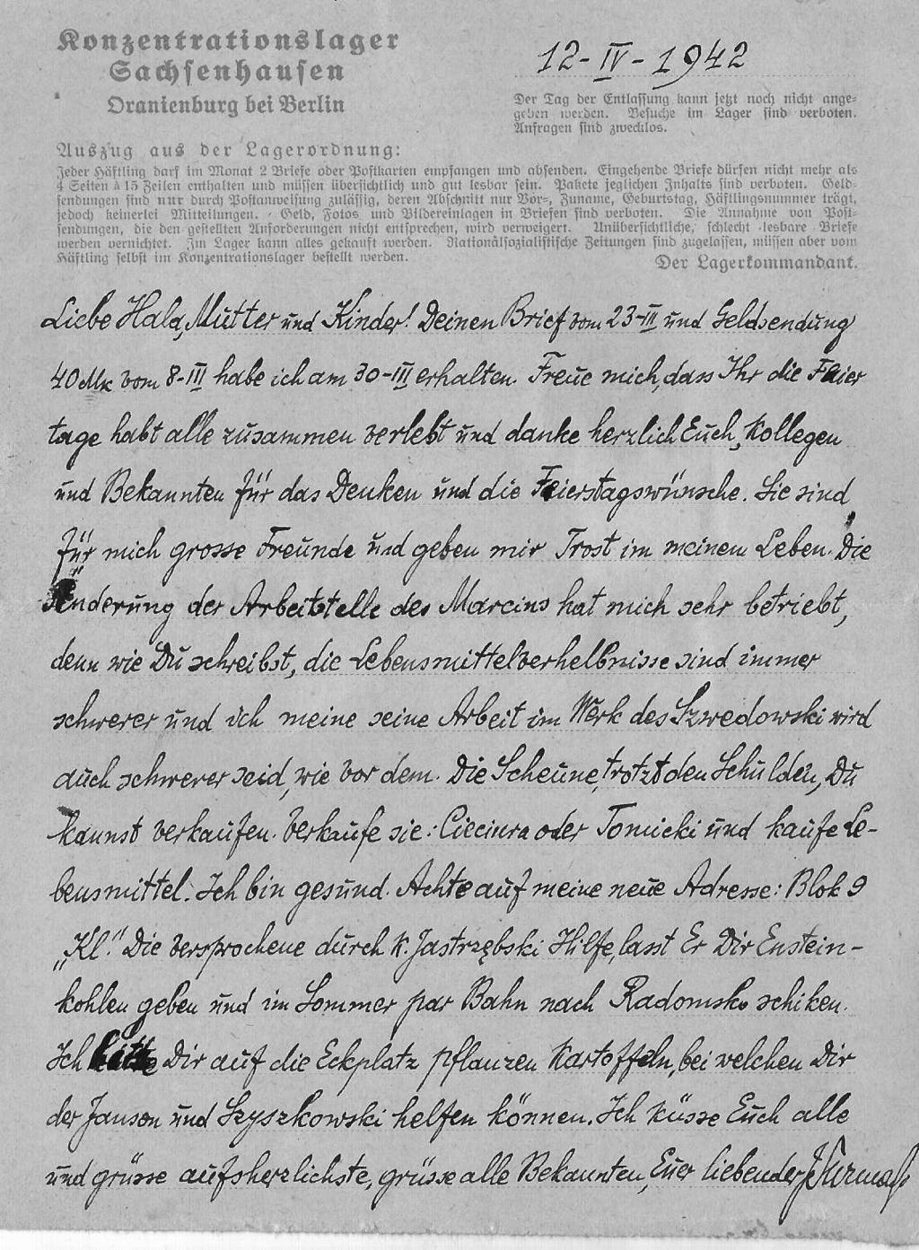 Alicja Surmacka 12 IV 1942 r. Kochana Hala, matko i dzieci! Twój list z 23 III i przesyłkę pieniężną 40 marek z 8 III otrzymałem 30 III.