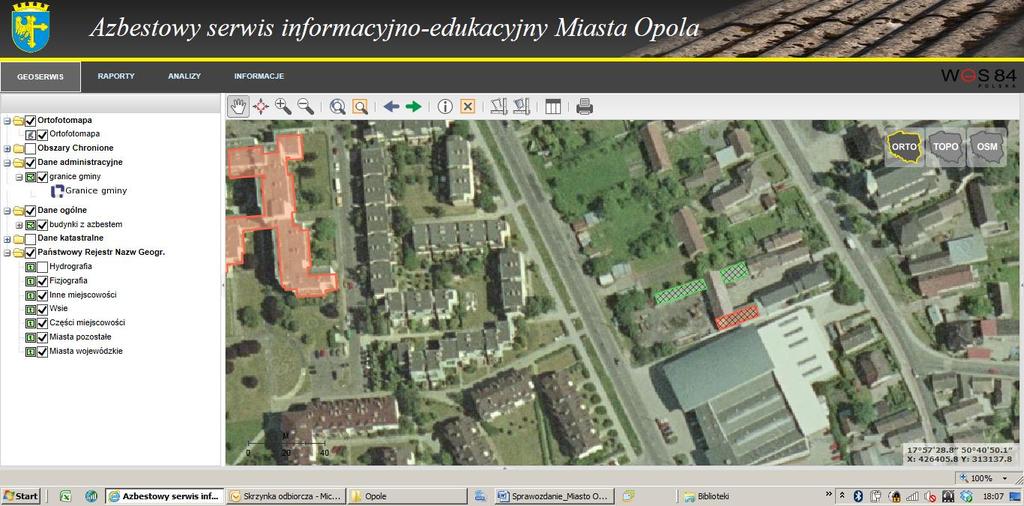 5), podczas gdy po zwiększeniu skali użytkownik dostaje informację o typie wykorzystywanych wyrobów zawierających azbest, stopniu pilności ich usunięcia, a także o obrysie podstawy obiektu