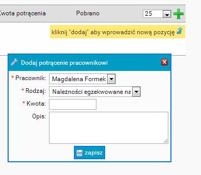 Potrącenia pracownicze Podobnie wygląda opcja potrącenia pracownicze. Nowe potrącenie pracownicze dodajemy przy pomocy opcji dodaj potrącenie.