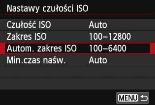i: Ustawianie czułości ISON 3 Ustawianie zakresu czułości ISO dla trybu automatycznej czułości ISO W trybie automatycznej czułości ISO można ustawić maksymalną czułość w zakresie ISO 100 12800.