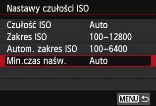 i: Ustawianie czułości ISON 3 Ustawianie minimalnego czasu naświetlania dla trybu automatycznej czułości ISO Po ustawieniu automatyki ISO można ustawić minimalny czas naświetlania (w zakresie od