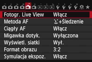 3 Ustawienia funkcji menu A1 W przypadku ustawienia przełącznika fotografowania Live View/filmowania w pozycji <A> opcje menu fotografowania w trybie Live View zostaną wyświetlone na kartach [A1] i
