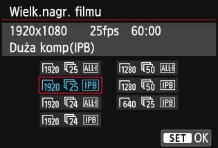 3 Ustawianie wielkości nagrywanego filmu Wielkość obrazu A [1920x1080] : Za pomocą ustawienia [Z2: Wielk.nagr. filmu] można ustawić wielkość obrazu dla filmu, prędkość nagrywania (liczba klatek/s) i metodę kompresji.