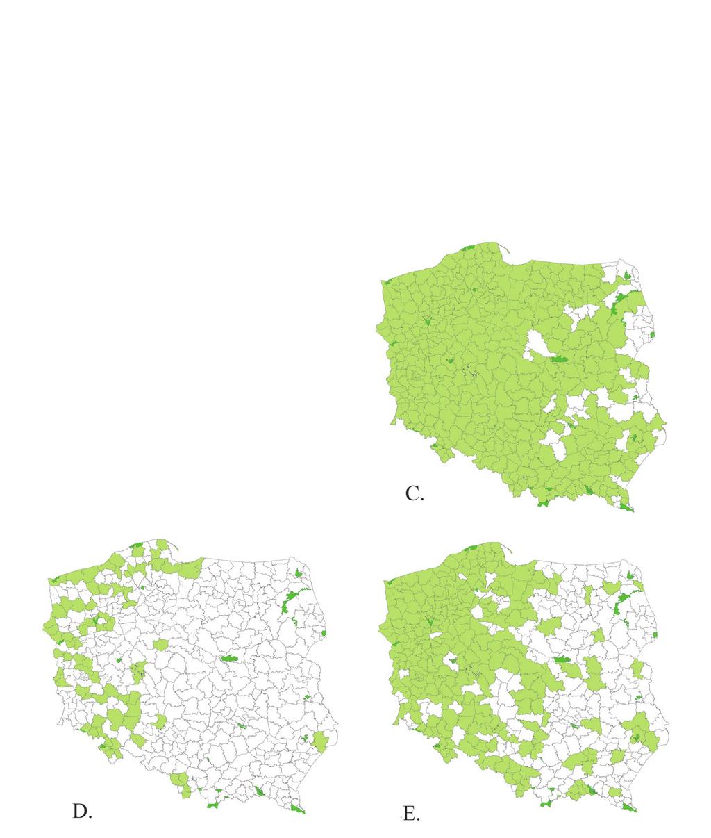 Ryc. 3. Występowanie daglezji zielonej Pseudotsuga menziesii (Mirb.) Franco: A. zasięg naturalny; B. rozmieszczenie upraw w Polsce w połowie XX wieku (za Białobok i Chylarecki 1965) C.