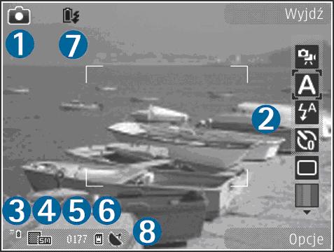Kamera 36 1 Wskaźnik trybu fotografowania. 2 Aktywny pasek narzędzi. Podczas robienia zdjęć pasek narzędzi nie jest wyświetlany. Patrz Aktywny pasek narzędzi, str. 36. 3 Wskaźnik poziomu naładowania baterii.