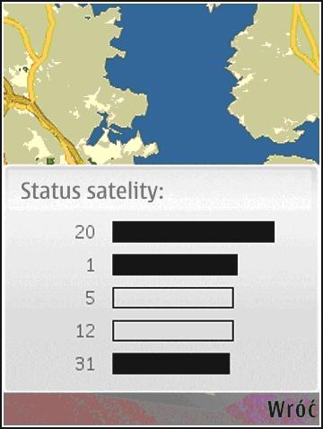 Stan satelitów Aby sprawdzić, ile satelitów zlokalizowało urządzenie i czy urządzenie odbiera sygnał z satelitów, naciśnij i wybierz Narzędzia > Łącza > Dane GPS > Pozycja > Opcje > Status satelity.