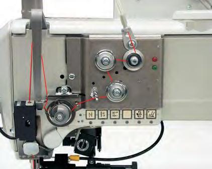 5.1.1 Maszyny z elektronicznie regulowanym naprężeniem nitki igłowej (ETT) 1 9 2 8 3 4 7 6 5 Poprowadzić nitkę przez prowadnicę 1 w kierunku zgodnym z ruchem wskazówek zegara wokół naprężacza