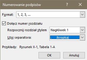 W tym celu zaznaczyć wzór wzór i, tak jak w przypadku obrazków i tabel, wybrać ze wstążki Odwołania > Wstaw a jako etykietę dodać nową Wzór.
