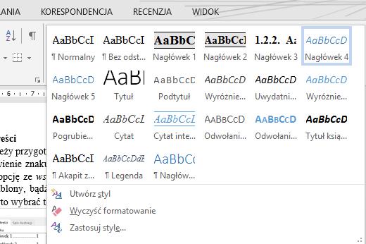 Rys. 2. Pełna lista stylów z zaznaczonym stylem zastosowanym w miejscu postawienia kursora. Aby zastosować wybrany styl, należy zaznaczyć tekst i kliknąć jego ikonę na liście stylów.