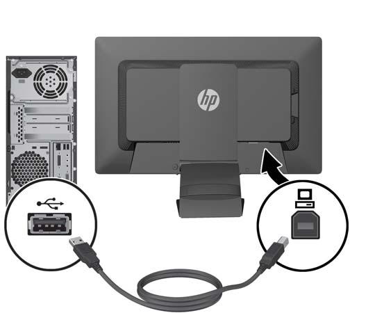 5. Podłącz jeden koniec dostarczonego kabla USB do gniazda koncentratora USB na panelu tylnym komputera, a drugi do gniazda USB typu upstream monitora.