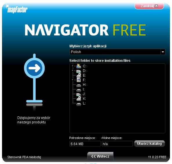 Wskaż miejsce instalacji Navigator Free. Interesuje nas pamięć urządzenia GPS Vordon.