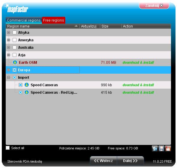 Przechodzimy do wyboru map które chcemy pobrać i zainstalować. W tym celu przełączamy zakładkę na Free regions.