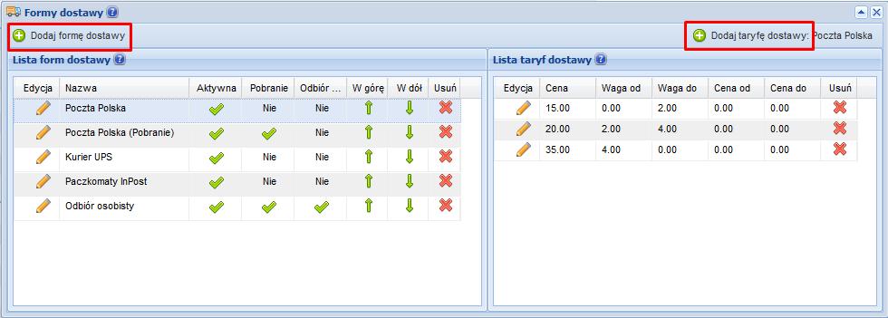 Gdzie ustawić preferowane sposoby dostawy w sklepie? Panel administracyjny > Zamówienia > Formy dostawy Wybór sposobów dostawy towaru do klienta i ustawienia taryf spedytorów np.