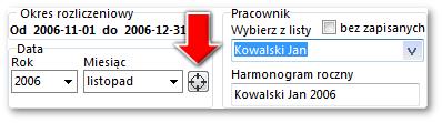 jeśli w ustawieniach programu jest zaznaczona opcja: "Rozliczaj ewidencje -> pełnymi okresami rozliczeniowymi 39 " w oknie danych pracownika pojawi się ikona (patrz: rys. poniżej).