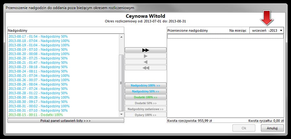 174 Rys. Okno oddawania nadgodzin poza bieżącym okresem rozliczeniowym.