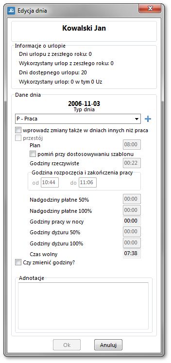 176 Rys. Edycja godzin. Dla każdego edytowanego dnia można zmienić niemalże wszystkie godziny wchodzące w skład czasu pracy.