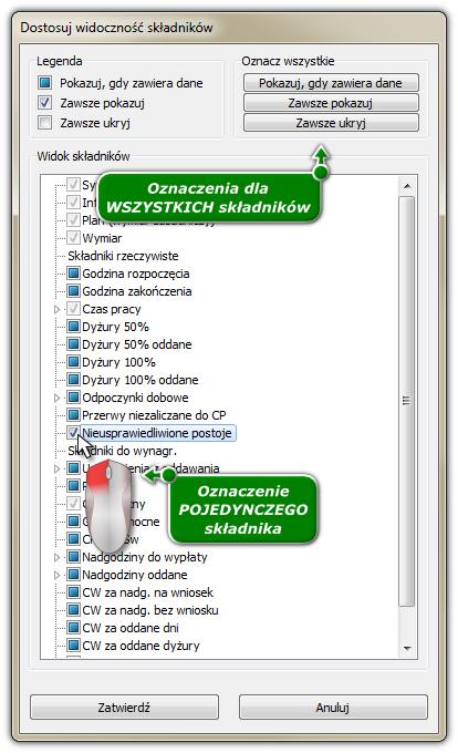 187 Rys. Okno dostosowania widocznych składników. 1.2.2.8. Ostrzeżenia W wierszu Ostrzeżenia okna ewidencji czasu pracy mogą być wyświetlone następujące pozycje: Umowy nie są rozdzielone odpoczynkiem dobowym Jeśli na granicy dowolnych umów (np.
