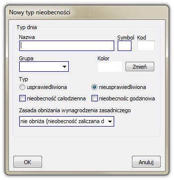 189 Okno dodawania/edycji typu nieobecności Rys. Dodawanie nowego typu dnia.