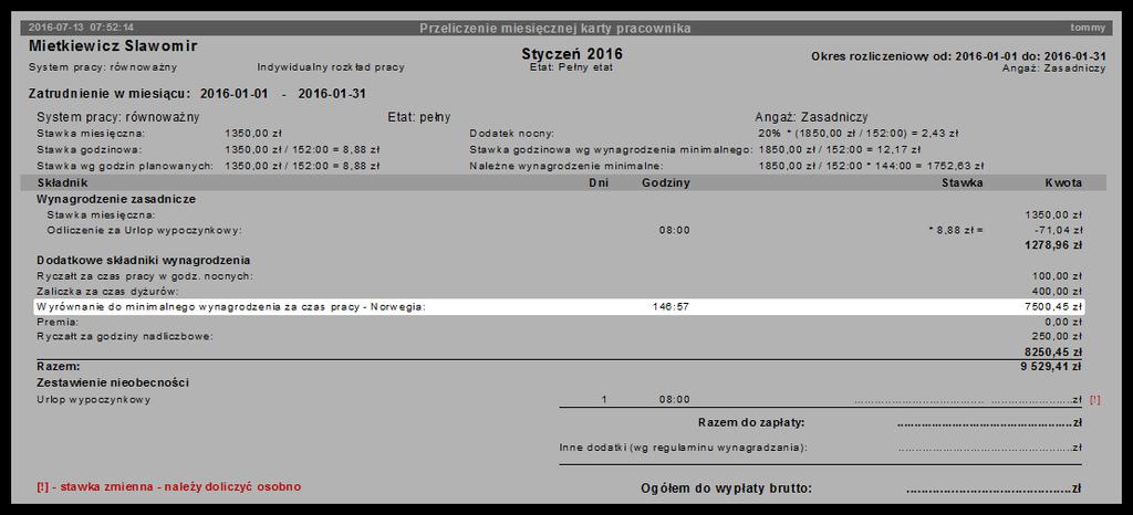 Wiadomości uzupełniające 295 Rys. Przeliczenie miesięcznej karty pracy. 7.