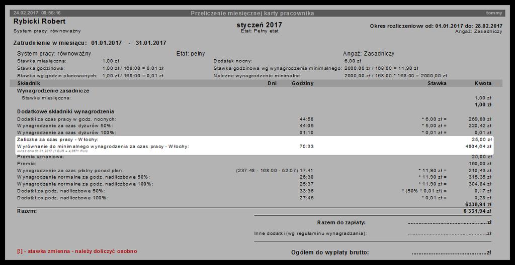 Wiadomości uzupełniające 312 Rys. Przeliczenie miesięcznej karty pracy. 6.