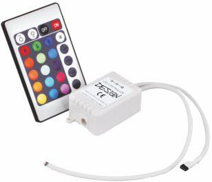 Sterownik LED RGB z pilotem RF 129 mm STER-RGB-RF-02 10m 63 mm 63 mm 23 mm 12/24V DC 144W 30 m Sterownik obsługiwany pilotem RF o