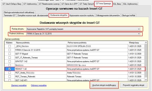 Rewizora GT) e) Po usunięciu danych Subiekta (i ewentualnym przywróceniu remanentu/należności/zobowiązań) należy wywołać Skrypty do wykonania na bazie danych Opcje Serwis GT (zakładki): GT Inne