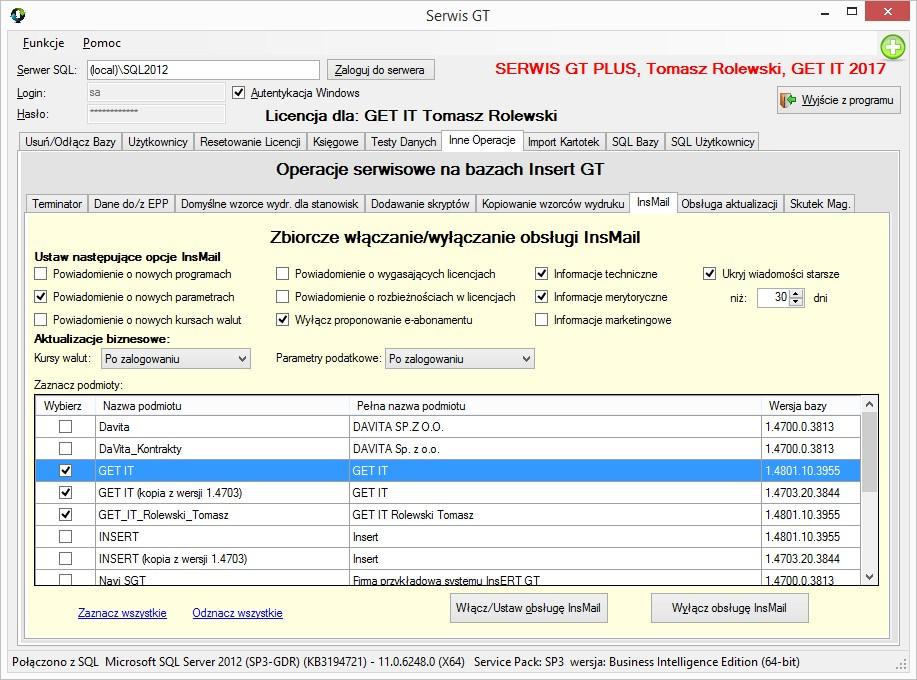 GT Inne Operacje -> Zbiorcze włączanie/wyłączenie obsługi InsMail Funkcja służy przede wszystkim biurom rachunkowym do zbiorczego (dla wszystkich firm)