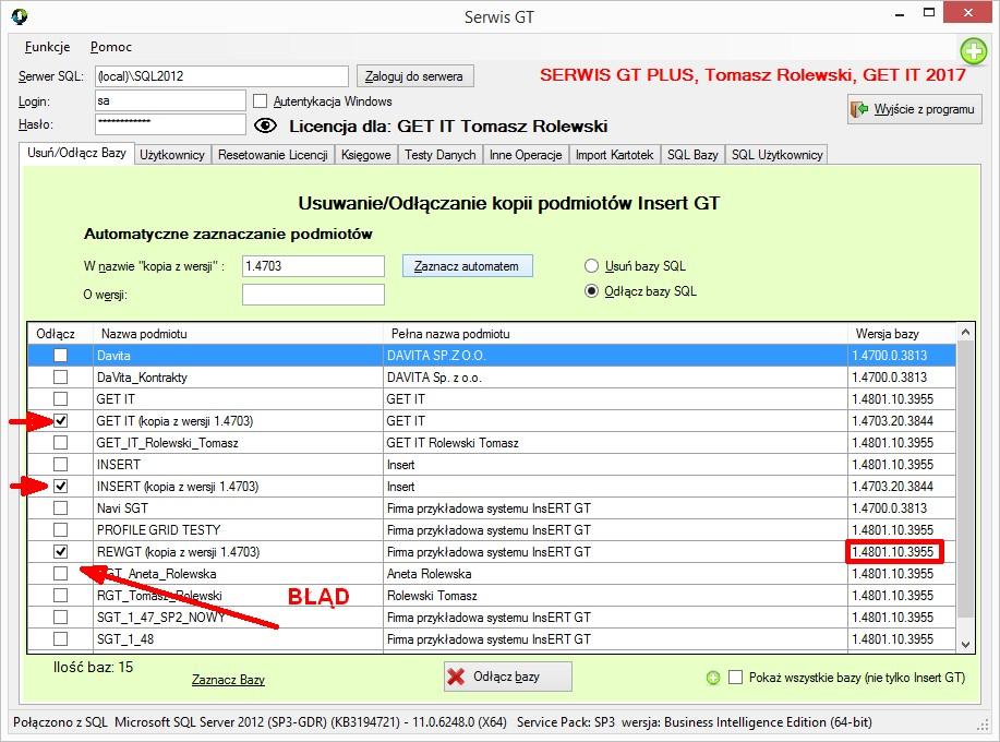 Opis funkcji programu: GT Usuń/Odłącz Bazy Funkcja umożliwia zbiorcze usunięcie kopii podmiotów pozostałych po konwersji baz do nowej wersji programu.