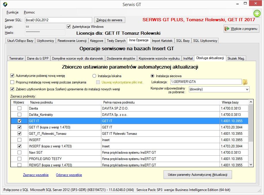 GT Inne Operacje -> Obsługa akutalizacji Funkcja służy przede wszystkim biurom rachunkowym do zbiorczego (dla wszystkich firm) ustawienia parametrów automatycznej aktualizacji (e-abonament).