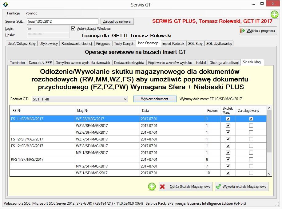 GT Inne Operacje -> Odłożenie/Wywołanie skutku magazynowego Funkcja służy do automatycznego odłożenia skutku magazynowego (i potem ponownego jego wywołania) na dokumentach rozchodowych (RW,MM,FS,WZ)