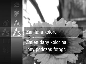 Efekty fotograficzne (Filtry kreatywne) Zdjęcia Filmy Fotografowanie w trybie zamiany koloru Przed rejestracją zdjęcia można zamienić na nim jeden kolor na inny.