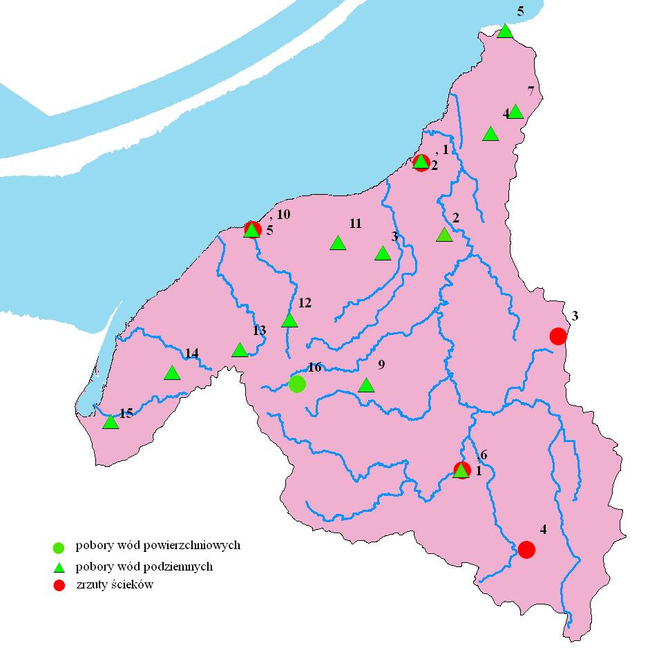 Rys. 7. Zrzuty ścieków i pobory wody w zlewni Baudy.