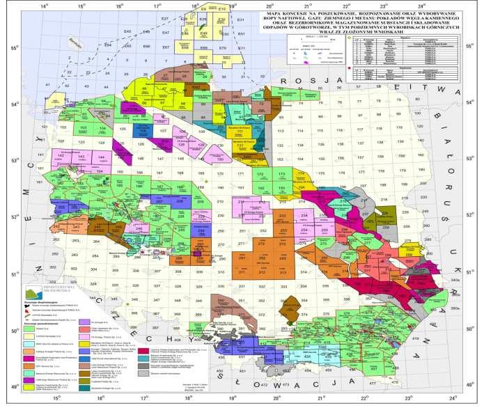 Prognozy wydobycia, importu i konsumpcji gazu w Polsce. mld m 3 30 Koncesje E&P w Polsce. 25 20 15 10 5 0 2008 2009 2010E 2015E 2020E 2025E 2030E Baseline 2009 import n. CERA Low Case import n.