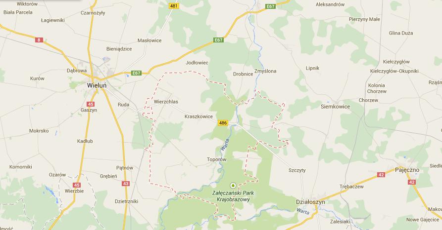 Mapa 3 Mapa drogowa Źródło: www.google.pl/maps Przez Gminę przebiega droga wojewódzka Nr 486 łącząca drogę krajową nr 43 w Wieluniu z drogą krajową nr 42 w Działoszynie.