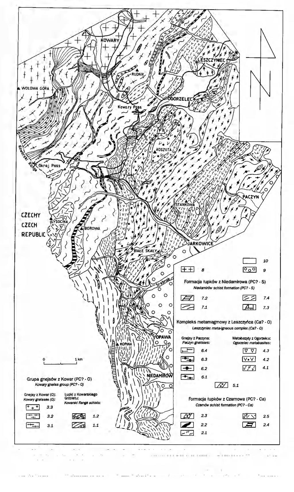 Fig. 4. Mapa geologiczna południowej części Rudaw Janowickich i Grzbietu Lasockiego. Oznaczenia skał metamorficznych (indeksy cyfrowe) takie jak na figurze 3.