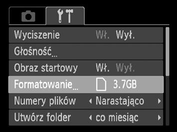 Formatowanie kart pamięci Przed użyciem nowej karty pamięci lub karty pamięci sformatowanej w innych urządzeniach należy ją sformatować za pomocą tego aparatu.