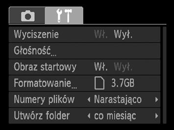MENU podstawowa obsługa Za pomocą menu można wprowadzać ustawienia różnych funkcji. Elementy menu znajdują się na kartach dotyczących np. fotografowania (4) iwyświetlania (1).