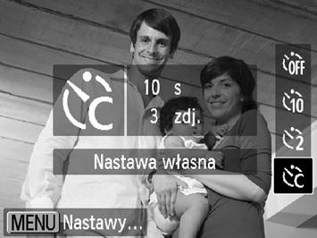 Korzystanie z samowyzwalacza Dostosowywanie samowyzwalacza Możliwa jest zmiana opóźnienia (0 30 sekund) oraz liczby zdjęć (1 10). Wybierz ikonę $. Wykonaj czynności opisane w punkcie 2 na str.