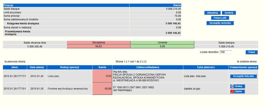 Rysunek 17 Formatka prezentująca operacje bieżące Rysunek 18 Formatka prezentująca operacje na wyciągach 6.1.2.