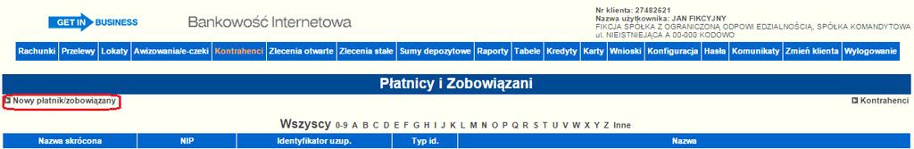 Rysunek 101 Opcja dodawania nowego płatnika/zobowiązanego Po wybraniu opcji dodania nowego płatnika/zobowiązanego w nowym oknie przeglądarki zostanie otworzona formatka umożliwiająca wprowadzenie do