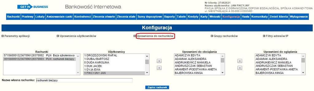 nadanie/odebranie zbiorczo uprawnień do wszystkich rachunków. Kolumna prezentująca NRB zawierać będzie również nazwę rachunku. 6.12.3.