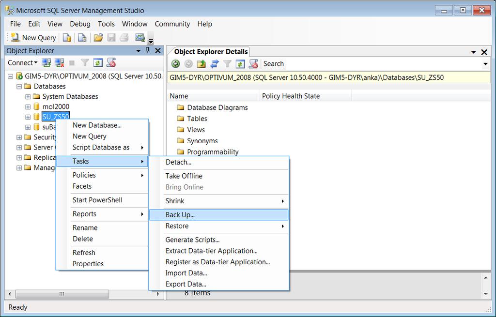 Jak utworzyć i odtworzyć kopię zapasową bazy danych za pomocą narzędzi serwera SQL? 3/8 3. Wyświetli się okno Back Up Database [nazwa bazy].