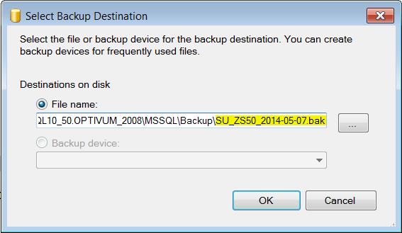 W oknie Select Backup Destination, dopisz do ścieżki dostępu do folderu Backup nazwę pliku kopii według wzoru nazwa bazy_data wykonania.bak (np.