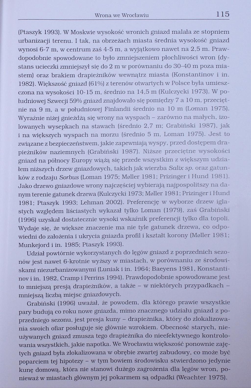 Wrona we Wrocławiu 115 (Ptaszyk 1993). W Moskwie wysokość wronich gniazd malała ze stopniem urbanizacji terenu.