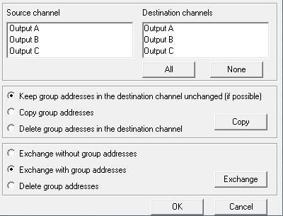 3.1.2.2 Okno dialogowe Copy/exchange channels Po lewej stronie u góry widoczne jest okno wyboru Source channel, w którym można zaznaczyć kanał źródłowy.